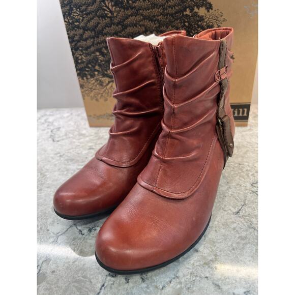 NEW Cobb Bill Slouch Heeled Booties Red Leather with Brown Strap Size 8 JL - Picture 4 of 8